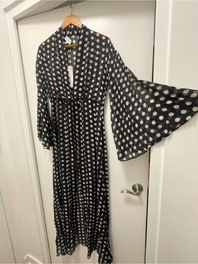 Alexandra Miro Black and White Polka Dot Maxi Dress with Bell Sleeves